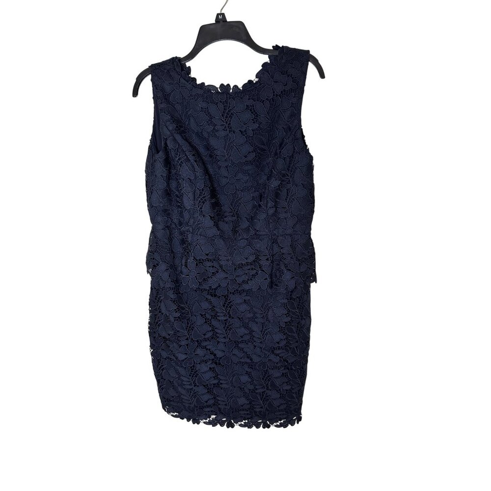 Vintage Talbots Navy Lace Sheath Dress 14P Petites Sleeveless Floral Pattern